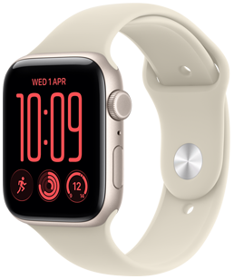 Apple Watch SE 3, алуминиев корпус, астро бяло, циферблат Modular Compact, компликации: ден и дата, тренировка Бягане, рингове за активност, Времето, изглед от дясната страна, Digital Crown, страничен бутон, спортна каишка, пясъчен цвят