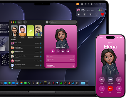 MacBook Pro a iPhone, otevřená aplikace Telefon, na obou obrazovkách se ukazuje stejný kontakt