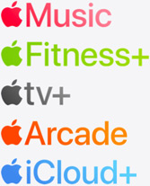 Icônes des apps Apple Music, Apple Fitness+, Apple TV+, Apple Arcade et iCloud+