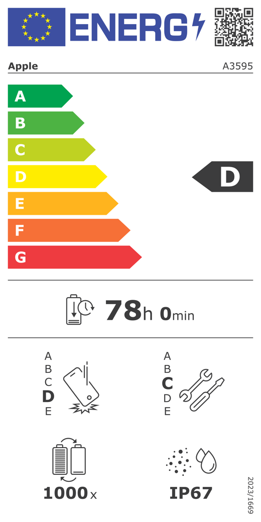 Etiqueta energética da UE, código QR e informações, modelo A3595 da Apple, classe D, classes de eficiência energética (na escala de A a G), A (mais eficiente) a G (menos eficiente), autonomia da bateria por ciclo, 78 horas e 0 minutos por carga completa da bateria, classe D de fiabilidade em quedas livres sucessivas, A (mais robusto) a E (menos robusto), classe C de reparabilidade, A (mais reparável) a E (menos reparável), 1000 ciclos de autonomia da bateria, classificação IP67 de proteção contra a entrada de pó e água, regulamento 2023/1669