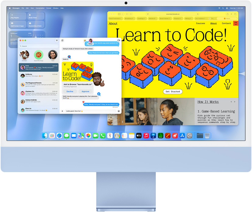 iMac, Vorderseite, Farbe Blau, zeigt die Nachrichten App und eine «Programmieren lernen» Website.
