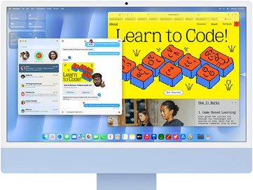 Kék iMac elölnézetből, kijelzőjén az Üzenetek app és egy „Learn to Code” (Tanulj programozni) nevű weboldal{