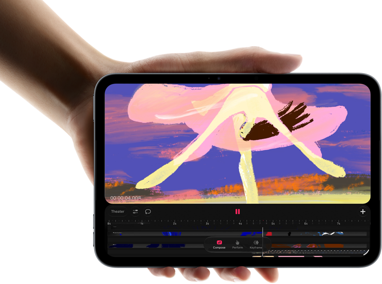 iPad mini egy kézben, elölnézetből, a kijelzőn videószerkesztő felület színes klipekkel, alatta megemlítve az A20 Pro chip