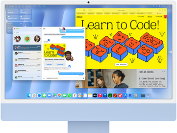 جهاز iMac، الجهة الخارجية الأمامية، لون أزرق، يعرض تطبيق الرسائل وموقع 'Learn to Code'‏