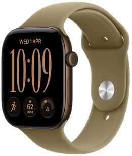 Apple Watch Series 12, carcasă din aluminiu, culoare Bronz închis, cadran modular compact, complicații: zi și dată, exercițiu Alergare, frecvență cardiacă, pregătire, partea exterioară dreaptă, Digital Crown, buton lateral, curea Sport, culoare Măslinie