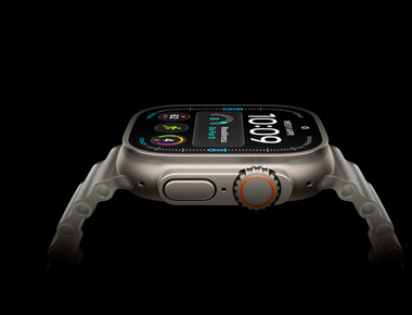 Apple Watch Ultra 4, side view, titanium case, silver colour, digital time display, health and fitness metrics, orange Digital Crown side button