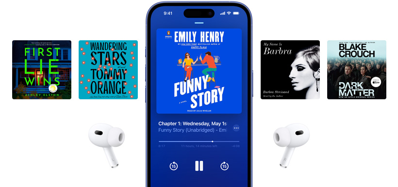 iPhone screen is centered, showing an audiobook in the Books app. Surrounding the phone are audiobook covers positioned in a horizontal layout.