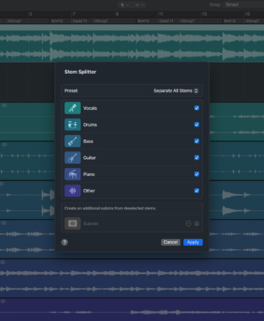 Logic Pro interface, Stem Splitter with options for vocals, bass, drums, guitar, piano, and other