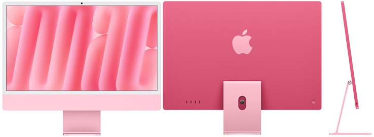 Front, rear and side exterior of iMac, pink color