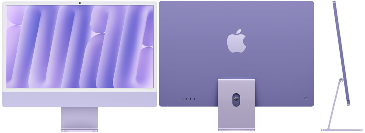 Front, rear and side exterior of iMac, purple color
