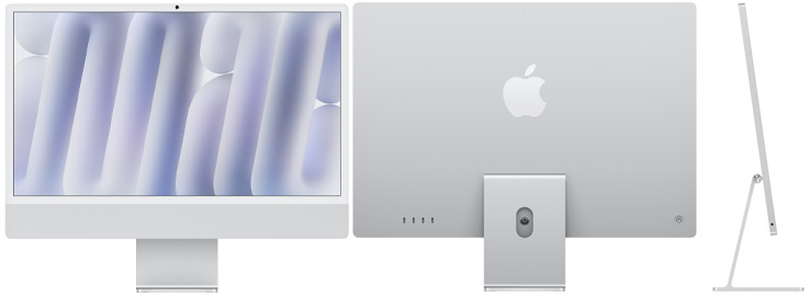 Front, rear and side exterior of iMac, silver color