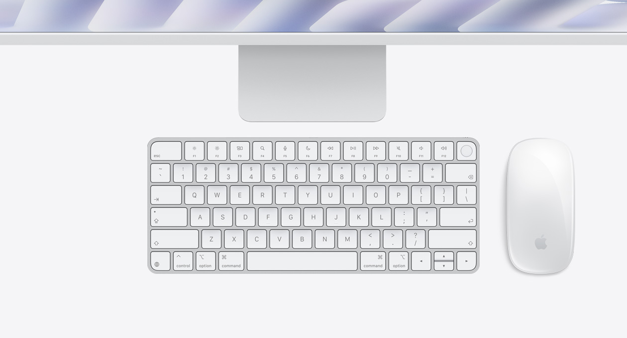 iMac, silver color, top exterior, with Magic Mouse and Magic Keyboard with Touch ID