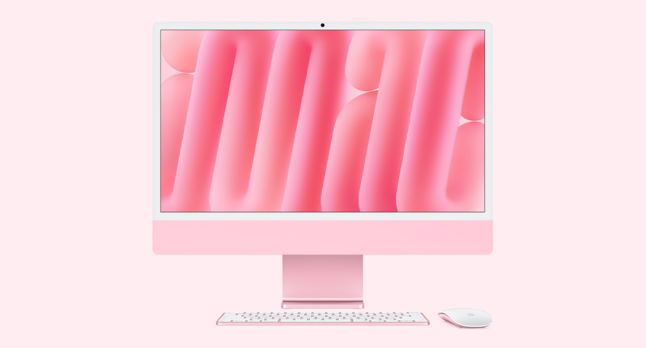iMac, pink color, front exterior, with color-matched Magic Mouse and Magic Keyboard