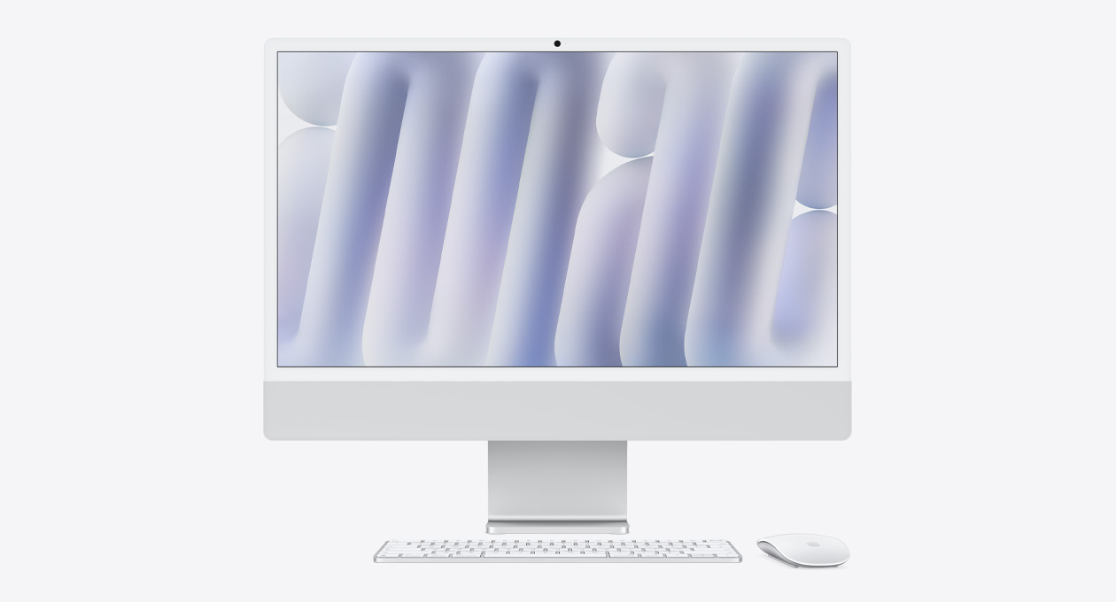 iMac, silver color, front exterior, with color-matched Magic Mouse and Magic Keyboard