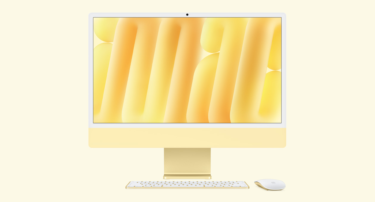 iMac, yellow color, front exterior, with color-matched Magic Mouse and Magic Keyboard