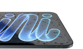 iPad mini, corner view, Midnight color, showing water droplets on screen
