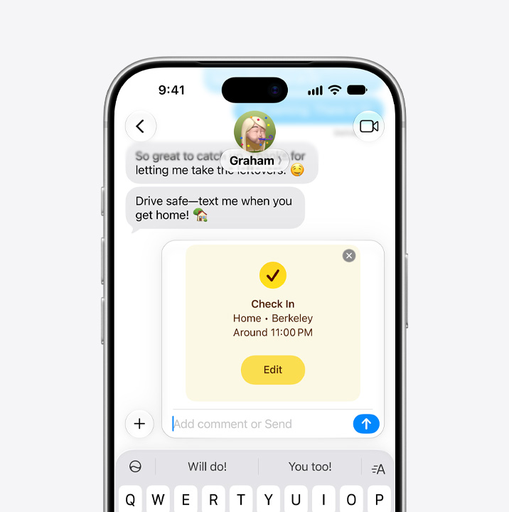 iPhone 18 Pro, esikülg, avatud sõnumirakendus koos Check In funktsiooniga, teavitamas saajat, et saatja on koju jõudnud
