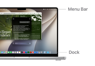 Ask Siri populates helpful research information on MacBook Pro 14", Preview runs in the background with lines indicating the location of the Menu Bar and Dock.