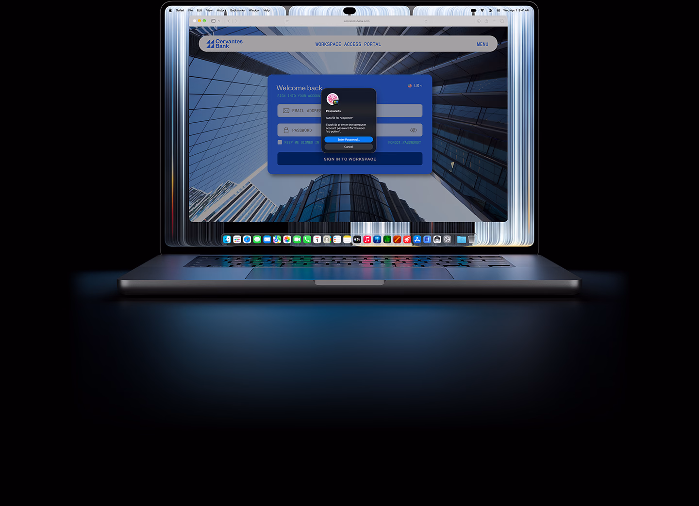 MacBook Pro with PROLED XDR Display, a small Safari window prompts a user to use Touch ID or enter credentials to log in to a website