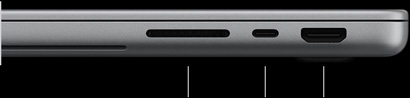 MacBook Pro with PROLED XDR Display, silver color, closed, right side, showing three ports: SDXC, Thunderbolt 5, and HDMI